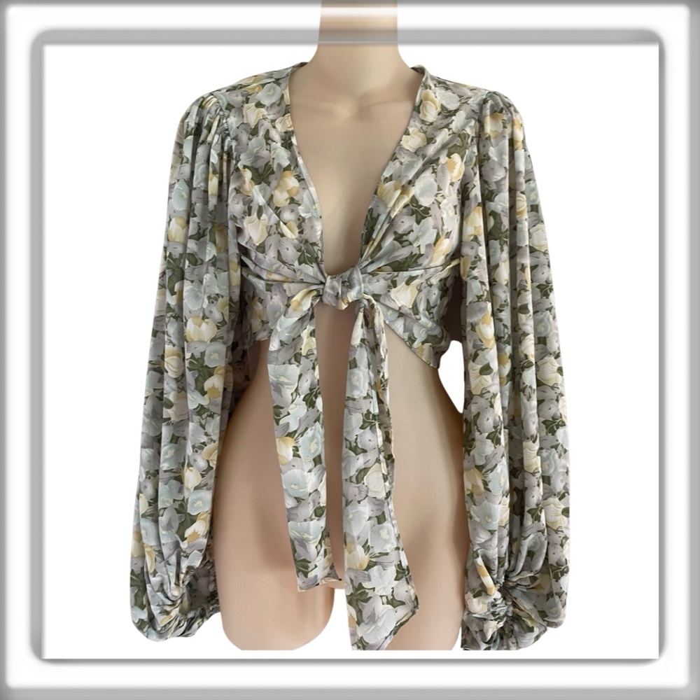 Hello Molly Ballroom Bloom Floral Tie Front Deep V-Neck Crop Top Size Small